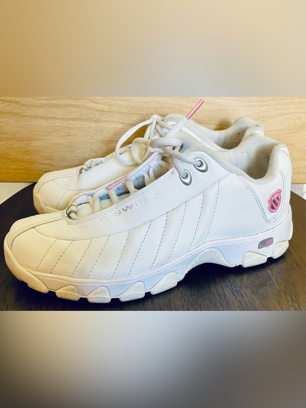 K-Swiss White Leather Pink Chunky Tennis Training Sneaker ST329 CMF Size Wmn 9.5